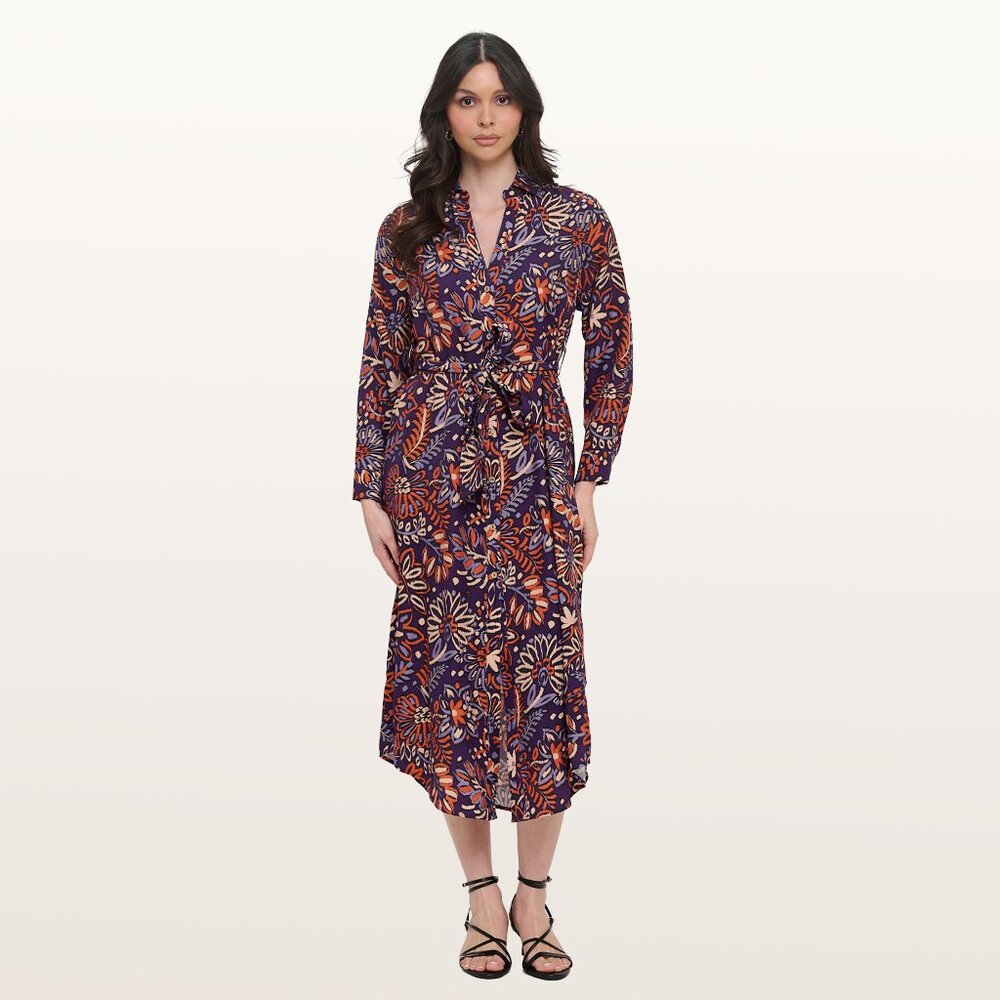 Navy Floral Midi Shirt Dress Long Sleeve Belted Dress